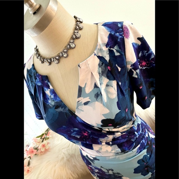 EUC 2 Adrienna Papell Blue Chic Floral Midi Classy Dress - Picture 6 of 10
